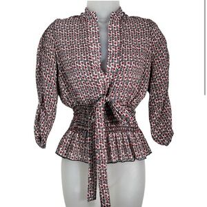 Vintage Y2K Chiffon Floral Print Smocked Waist Peplum Hem V-Neck Top USA Made M